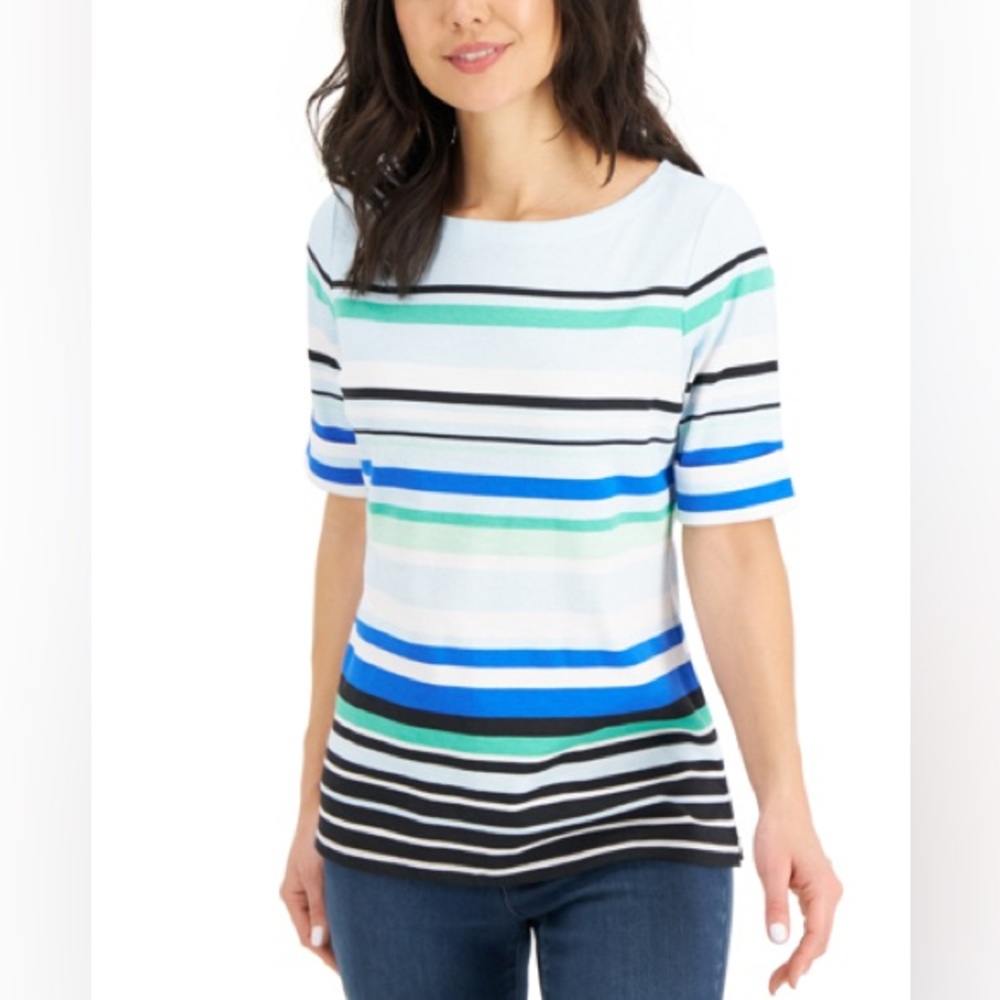 (0X)(1X) $36.50|Karen Scott Reese Striped Boat-Neck Top, Nantucket Breeze